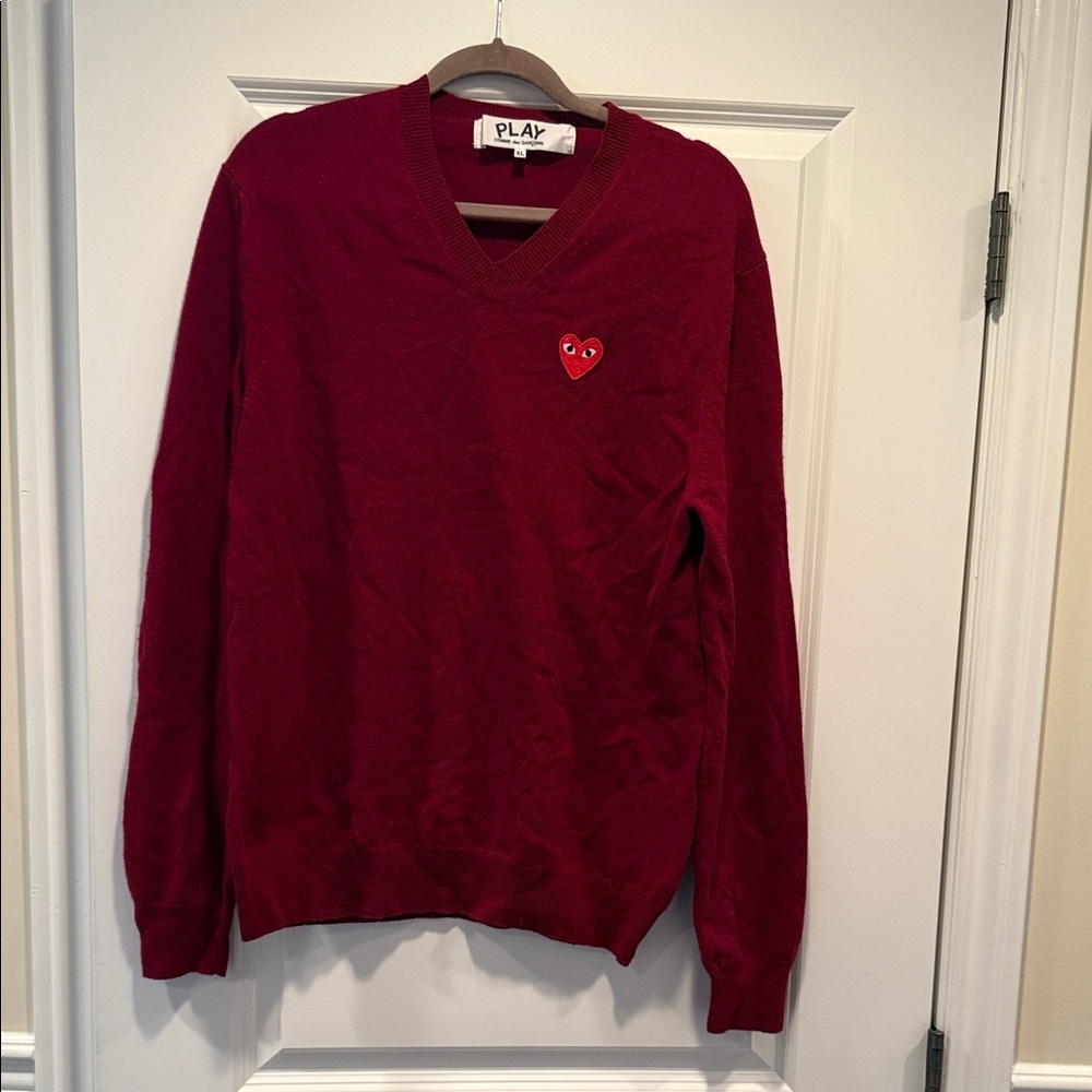 Comme des Garcons PLAY V-Neck Sweater in Deep Red